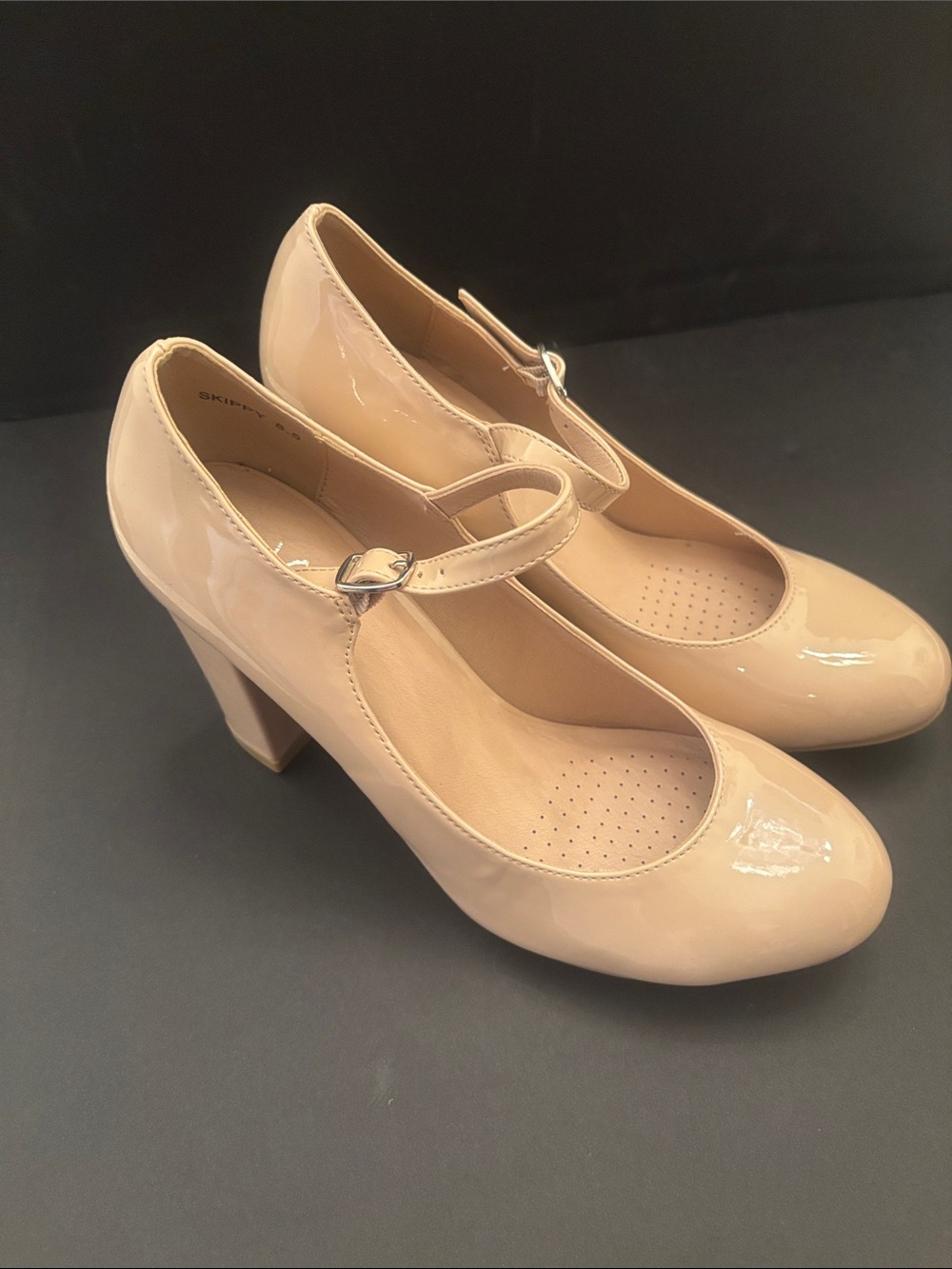 Patent Mary Jane Block Heels in Nude
